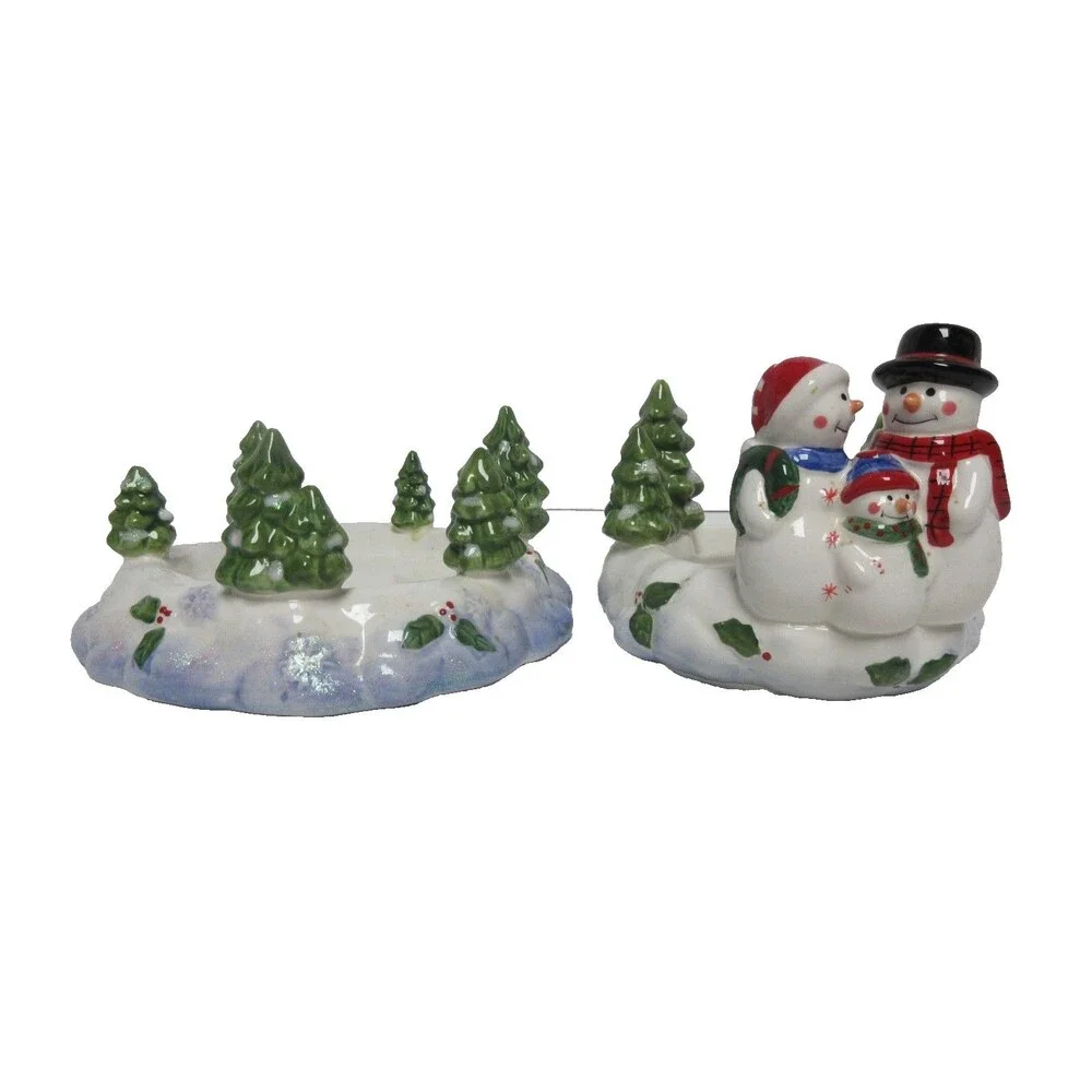 NEW HOME INTERIORS 2 PIECE SNOWMAN DECORATIVE CANDLE JAR TOPPER & BASE HOLDER